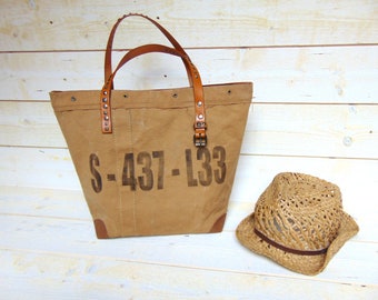 Tote bag recycled military canvas, dark Beige - canvas bag military brown - bag recycled by Pleasant Home made