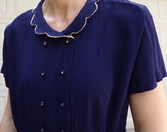 40's 50's SCALLOPED COLLAR DRESS navy blue L 33 waist