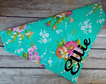 Personalized Dog Bandana / Turquiose Floral / Over the Collar / Girl Dog Scarf / Cat Bandana / Pretty Dog Neckerchief / Pet Bandana