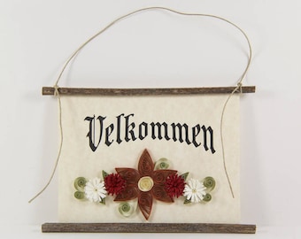Velkommen, Danish Welcome, Paper Quilled Denmark Welcome Sign, 3D Quilled Banner, Brown Red White Decor, Denmark Gift, Danish Wall Art