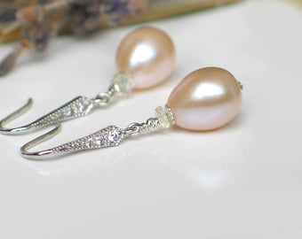 Teardrop Pearl Earrings | Champagne Pink Freshwater Pearls | CZ Sterling Silver Tie Shaped Dangles | Birthday | Bridal Gift | Ready to Ship