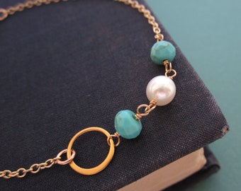 Pearl and Turquoise bracelet, layering bracelet, silver bracelet, gold bracelet, freshwater pearls, turquoise beads, summer beaded bracelet