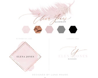 Watercolor Rose Gold Feather Logo, Feather Logo Design, Chic Logo, Feather Logo Design, Rose Gold Logo, Bohemian Logo