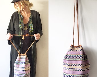Vintage Ethnic Woven Bucket Bag, Leather Textile Bag , Crochet Leather Bag