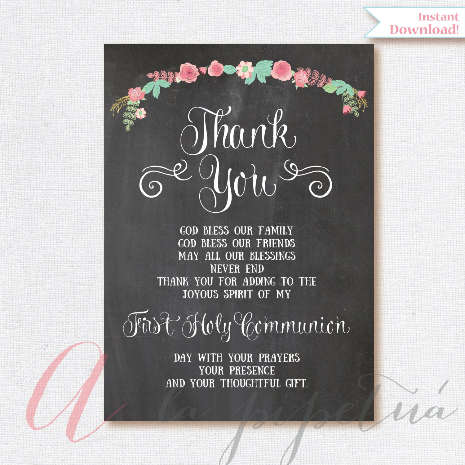 First Communion Thank you card. Chalkboard First Holy