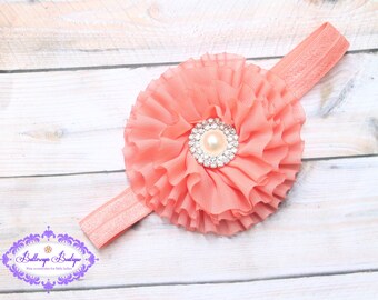 Coral baby headband, coral headband, newborn headband, infant headband, orange headband, toddler headband, coral flower