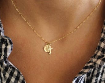 Tiny Cross & Saint Charm Necklace, Vintage Cross, Virgin Mary Cross Necklace, Mary Necklace, Gold Mary Cross Necklace, dainty charm necklace