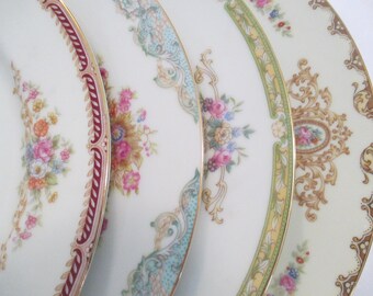 Dinner Plates Mismatched China, Vintage China Plates, Wedding China, Wedding Plates, Shabby Plates, Cottage Chic, Wedding - Set of 4