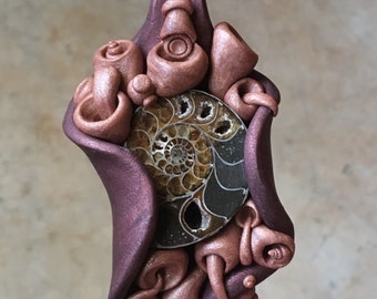 Handmade polymer clay pendant with ammonite stone