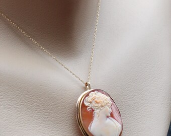 Vintage Cameo Pendant, Yellow Gold Cameo Pin Pendant, Carved Shell Cameo