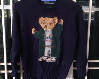 Vintage Kid's Ralph Lauren Polo Bear USA RL'67 Navy Blue Cotton Sweatshirt Pullover Jumper Pwing Stadium
