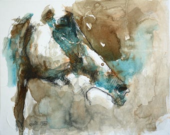 Contemporary Original Fine Art, Acrylique and Black Chalk Painting of a Horse Head, Animal Art, Equine Painting