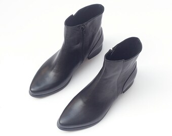 Pointed Toe Boots, Black Shiny Booties, Personalized Leather Shoes, Women Ankle Boots, Designers Shoes, Black Leather Boots, Short Boots