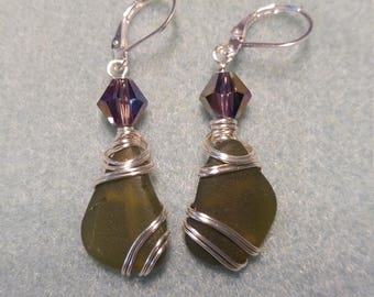 Olive colored Sea Glass Earrings