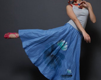 Hand Painted Maxi Skirt Lotus Skirt Long Skirt Elastic Waist Skirt