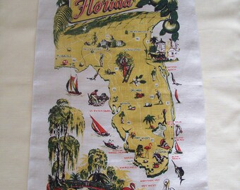 Kay Dee Hand Prints Florida Points of Interest Linen Towel/Wall Hanging. Vintage