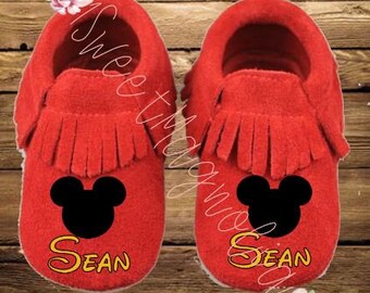 Personalized Red Mickey Mouse Inspired Baby Moccasin Shoes