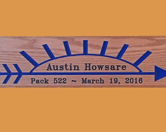 Arrow of Light Cub Scout Plaque With Blue Arrow & rays with black lettering Custom made for your Scout