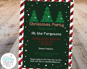 Christmas Trees Party Printable Invitation Template, 5x7in - Red and Green - Double-Sided - Instant Download - Holiday Parties