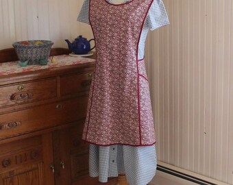Burgundy Calico Vintage Inspired Apron - Ready to Ship- No Ties Criss Cross Back Old-Fashioned