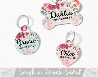 Floral Pet ID Tag, Personalized Pet Tag, Floral Dog Tag for Dog, ID Tag Floral, Dog Tag For Small Dog, Cat Pet Tag Heart, Floral Pet Tag