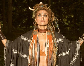 Shaman Goddess, Handmade Boho Gypsy Nativ Viking Leather Earweight/ Earrings, Statement Earrings leather Fringe Brass Pendant
