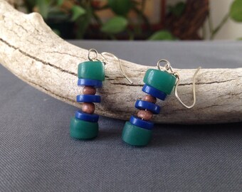 Teal Green and Blue Cute Earrings, Bright Blue Green Dangle Earrings, Colorful Blue Beaded Earrings, Fun Gift Idea