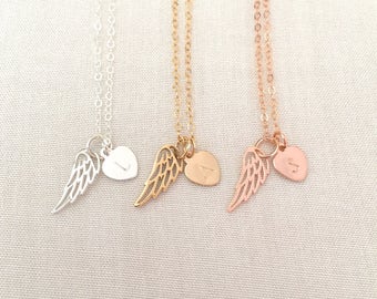 Rose Gold Angel Wing Necklace, Mother of An Angel, Infant Loss Necklace, Memorial Jewelry, Sterling Silver, Gold Fill Heart, Father Memorial