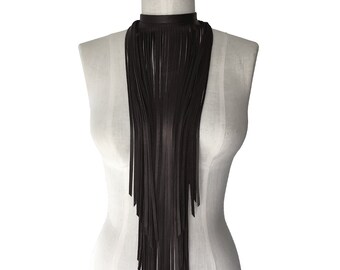 Brown Leather fringe necklace - Fringe choker - Boho Necklace - Leather Fringe scarf - Statement Necklace - Long fringe necklace Dark brown