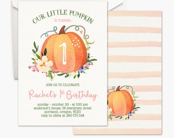 Our Little Pumpkin Invitation - Girl First Birthday Invitation Fall Birthday Party Boho Watercolor Printable Invitation Halloween Birthday