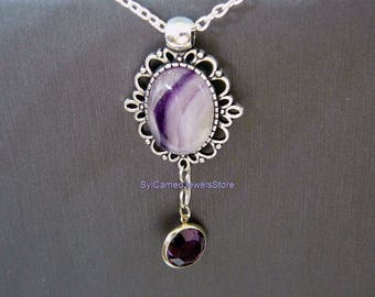 Fluorite Natural Banded Stone Pendant with Purple Crystal Charm Necklace Jewelry