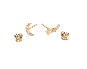 14k Gold Diamond Moon and Shooting Star Earrings/Anniversary/Graduation/Birthday/Wedding