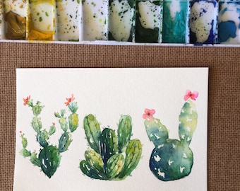 Original Watercolor Cactus Postcard Painting, Watercolor Succulent Painting, Cactus decor, Christmas Gift, Christmas Postcard