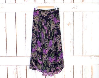 Vintage black/purple floral reversible sheer gauzy maxi skirt/long floral skirt/festival skirt