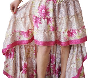 Floral Hi Low Gypsy Skirt Vintage Recycled Sari Flare Tiered Ruffle Flirty Summer Skirts S/M