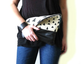 Geomeric print clutch bag, Fold over clutch, Canvas and leather, Triangles