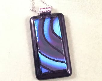 Hand etched dichroic fused glass pendant