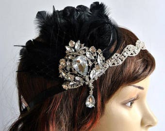 1920's flapper Headpiece, Rhinestone Flapper headband, The Great Gatsby, rhinestones headband, vintage rhinestone brooch, silver black