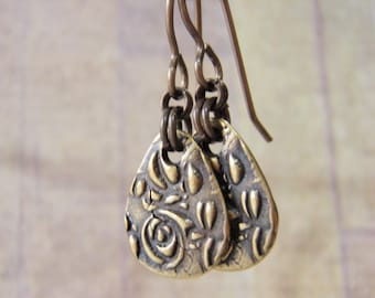 Brass Teardrop Earrings Vintaj Brass Ear Wires Tierracast Pewter Garden Pattern