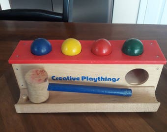 Vintage 1970's Creative Playthings Wooden Bench, Balls and Hammer Toy