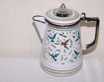 Vintage Enameled Birds Coffee Pot Tea
