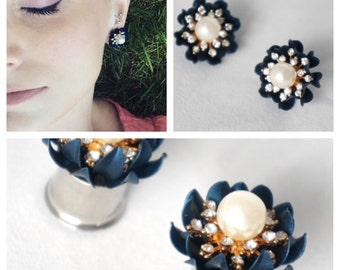 Flower Plugs Gauges 00g 000g 7/16" 1/2" 9/16" 5/8" Navy Blue10mm 12mm 14mm 16mm