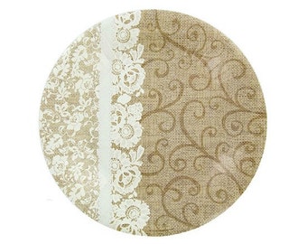 Set of 12 Burlap & Lace Dessert Wedding Party Paper Plates - Shabby Chic / Rustic Decor / Farmhouse Fresh