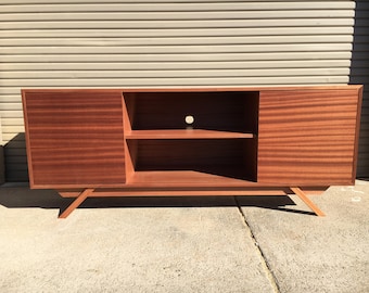 NEW Hand Built Mid Century Inspired TV Stand. Mahogany 2 door and center shelf with angled leg base. Buffet / Credenza