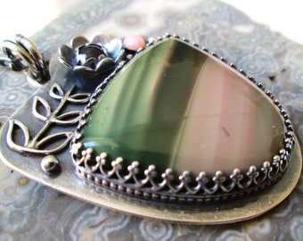Pink and Green Imperial Jasper Flower Pendant with Rhodolite Garnet and Pink Opal in Sterling Silver Necklace Jewelry