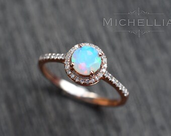 Petite Halo Diamond Ring in Opal, Ethiopian Fire Opal Halo Engagement Ring, Available in 14K Gold, 18K Gold, or Platinum, R4001
