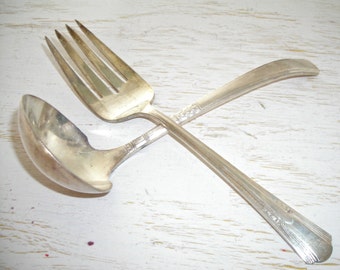 silver gravy ladle and meat fork - silver plate serving utensils - shabby cottage chic - hollywood regency