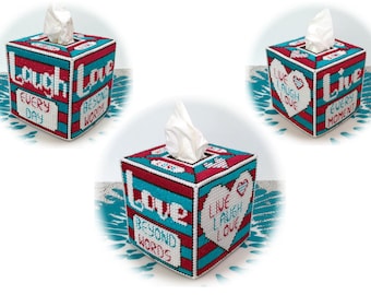 LIVE LAUGH LOVE Plastic Canvas Tissue Box Cover (Pdf Pattern, instant digital download)