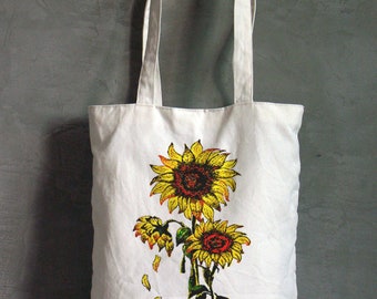 Sunflower Canvas Bag, Grocery Bag, Screen printed bag, Reusable Tote Bag, Shoulder purse