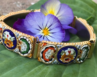 Vintage Micro Mosaic Bracelet Gold Floral